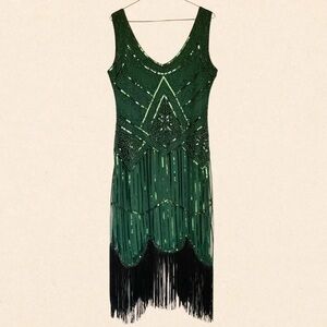 New Look Green Beaded Fringe Mini Dress